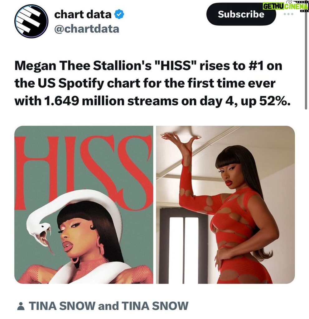 Megan Thee Stallion Instagram - Number 1 on @spotify !!! Lets go HOTTIES🔥🐍 keep running it up #HISS
