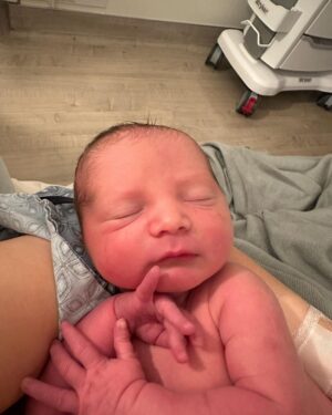 Meghan Trainor Instagram - On July 1st (our 7 year anniversary of our first date) we welcomed Barry Bruce Trainor into the world 🐻💙

He was a big boy at 8lbs 7oz...and sideways (transverse), but we had an amazing, successful c-section, and I finally got my skin to skin time! Thank you to all of the incredible doctors and nurses who took such great care of us❤️