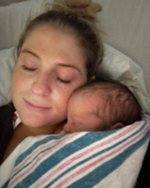 Meghan Trainor Instagram - On July 1st (our 7 year anniversary of our first date) we welcomed Barry Bruce Trainor into the world 🐻💙

He was a big boy at 8lbs 7oz...and sideways (transverse), but we had an amazing, successful c-section, and I finally got my skin to skin time! Thank you to all of the incredible doctors and nurses who took such great care of us❤️