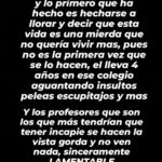 Melani Olivares Instagram – Esto lo que sufren muchos niños, sufren a salvajes sin ninguna empatía, posiblemente lo más enfermizo que pueda tener un ser humano y que está tan presente en nuestra sociedad. El, sufre bulling desde hace 4 años , con el beneplácito de los que lo saben y lo consienten, adultos que miran para otro lado sin ver el sufrimiento ni las secuelas que le causaran en un futuro.
En casa estamos tod@s consternados y tristes por ver este maltrato.
Solo nos gustaría cantarte como te mereces, y llenarte el corazón de amor.
Todo nuestro apoyo a ti y a tod@s l@s niñ@s que estéis pasando por algo tan horrible. Y condenar a quien lo consiente y mira para otro lado.
#stopbullying #dinoalbullying
#alamierdaya