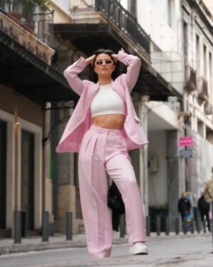 Melina Konti Instagram - Miley Cyrus said: 
"Pink isn't just a color, it's an attitude" 
and I couldn't agree more! 🌸

📸 @andixhuma

#pink #monday #athens #quote #mileycyrus #ootd #pinksuit #loveit #spring