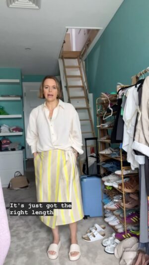 Mia Freedman Instagram - SHOULD I WEAR THIS? This outfit was a blast back to the past with a wrap skirt. Haven’t worn one in years and I’ve forgotten how great they are for adapting to your body shape. I bought this last week when I was in Bris from @leemathewsau  and I had to try a couple sizes so that it wrapped enough not to flash vadge out of the split when I walked. 
Tried it with a tee but this old cream shirt looked better.
Ditto these chunky shoes from @countryroad which are most most-worn shoe of the summer so far. 
Are you following @nothingtowearpod ? Run don’t walk 🏃🏻‍♀️🏃🏻‍♀️🏃🏻‍♀️