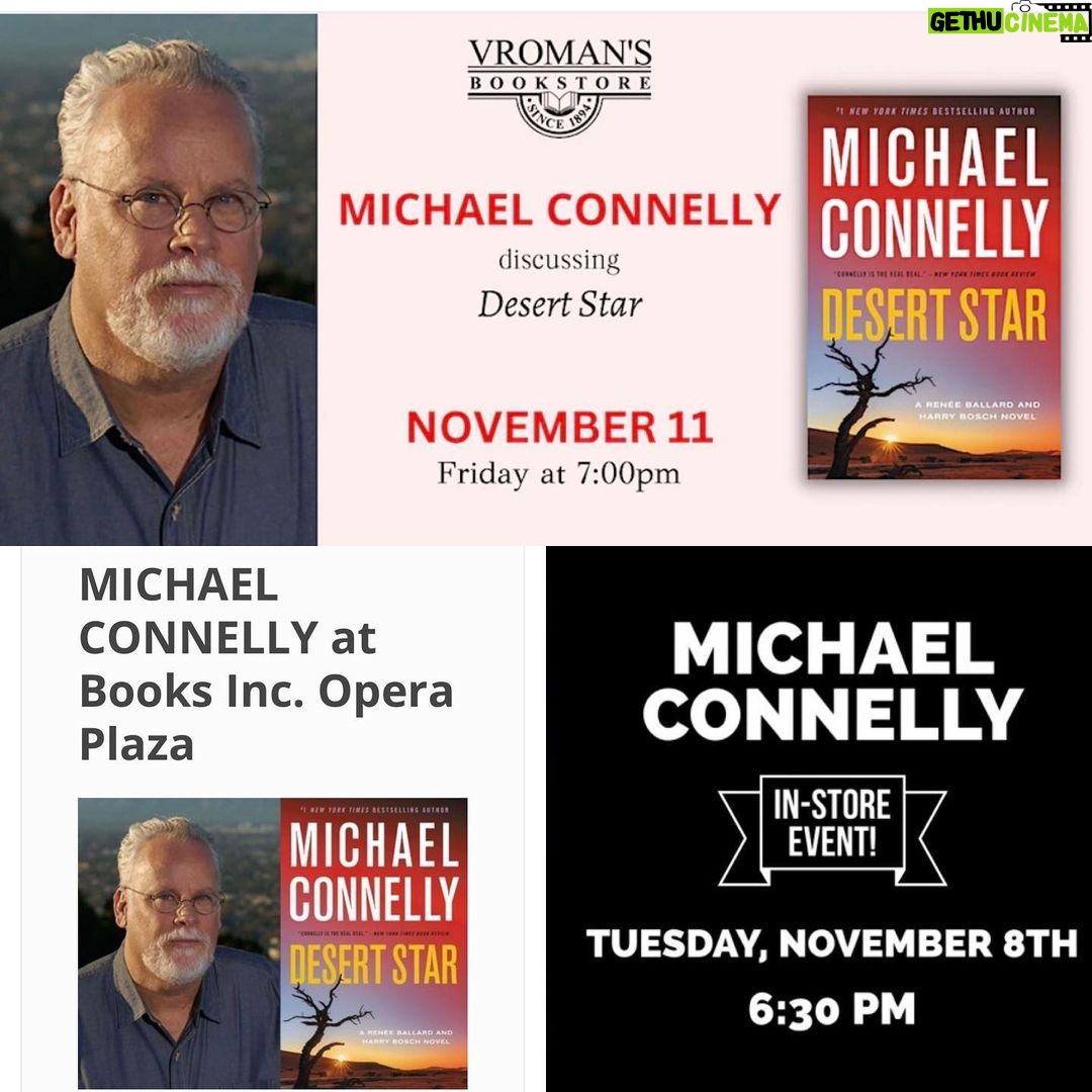 Michael Connelly Instagram - The DESERT STAR book tour begins Monday: Nov 7 - The Mysterious Bookshop, New York, NY @themysteriousbookshop Nov 8 - Murder By The Book, Houston, TX @murderbooks Nov 9 - The Poisoned Pen, Scottsdale, AZ @poisonedpenbookstore Nov 11- Vroman's Bookstore, Pasadena, CA @vromansbookstore Nov 12 - National Kidney Foundation Luncheon, San Francisco, CA @nationalkidneyfoundation Nov 12 - Books Inc, San Francisco, CA @booksincstores Get all the details at michaelconnelly.com/events. … #desertstar #ballardandbosch #harrybosch #renéeballard #booktour