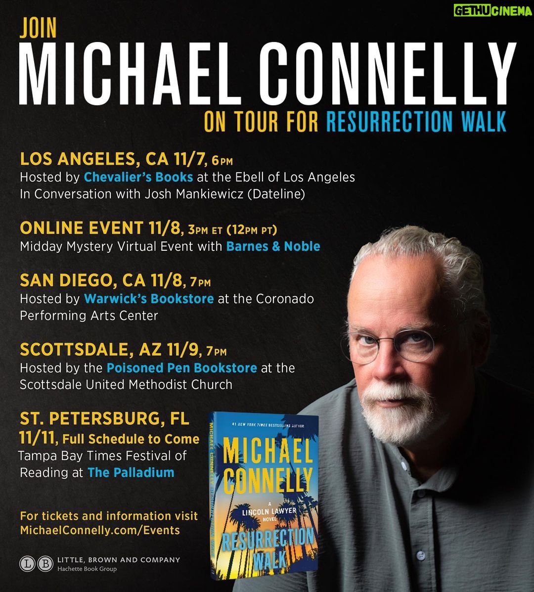Michael Connelly Instagram - Michael is having a mini-book tour for Resurrection Walk. You can pre-order from one of these stores on the tour and have a book personally inscribed and signed and then shipped to you. November 7, Los Angeles, CA: Michael will be speaking with Josh Mankiewicz (Dateline) and signing Resurrection Walk at 6:00pm for Chevalier’s Books at The Ebell of Los Angeles. Get a ticket now. November 8, Online Event: the Midday Mystery Virtual event with Barnes & Noble at 3pmET/12pmPT. Michael will be in conversation with New York Times bestselling author of All The Sinners Bleed, S.A. Cosby. Registration is required. November 8, Coronado (San Diego), CA: Michael will be speaking and signing Resurrection Walk for Warwick's bookstore at 7:00pm at the Coronado Performing Arts Center. He’ll be in conversation with Matt Coyle. Free but a ticket is required. November 9, Scottsdale, AZ: Michael will be speaking and signing Resurrection Walk at 7:00pm for the Poisoned Pen Bookstore. This event will be held at The Scottsdale United Methodist Church. This event will also be shown live on Facebook. November 11, St. Petersburg, FL: The 31st annual Tampa Bay Times Festival of Reading. Books sales provided by Tombolo Books. Tickets available now. Get ticket links at www.michaelconnelly.com/events/