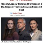 Michael Connelly Instagram - From @deadline: Harry Bosch will continue to crack cases for the foreseeable future. Ahead of the Season 2 premiere this fall, Bosch: Legacy, the spinoff of the longrunning Amazon crime series, has been renewed for a third season. Amazon Freevee announced the renewal Monday, prior to the Amazon NewFront presentation. Read the full article on deadline.com. … #boschlegacy #boschlegacyseason2 #boschlegacyseason3 @boschamazon @amazonfreevee @primevideo