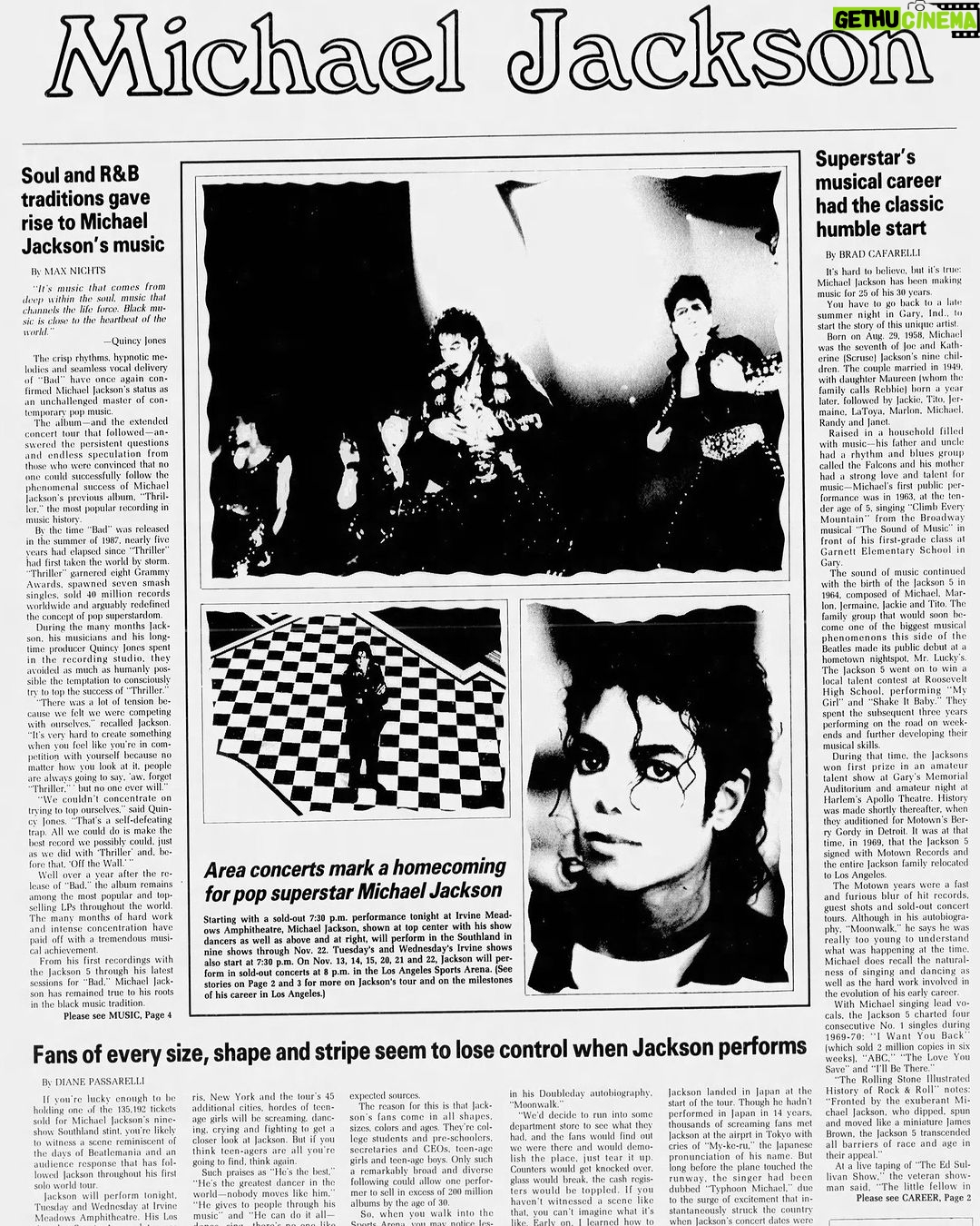 Michael Jackson Instagram - On this date in 1988, Michael brought the Bad Tour to the Los Angeles Memorial Sports Arena. Were you there? There were five more sold out Bad Tour shows at the Sports Arena, performed two months later in January 1989. The LA Times dedicated a full page spread to Michael in advance of the first sold out performance.