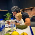 Michele Morrone Instagram - Well we don’t really have the same colors (he took more from mom’s side) but yep, this little turtle will be playing my son in #subservience and yep.. he’s helping study the script. Cheers 🫀