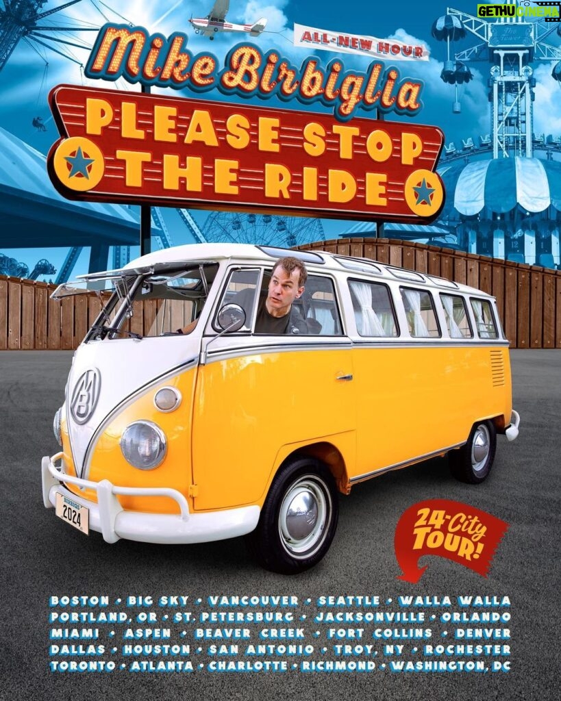 Mike Birbiglia Instagram - I’m going on tour with my all new hour of comedy, Please Stop the Ride. Tickets on sale now at birbigs.com. Tag your friends and enemies below. Tag your favorite pizza and pancake places in these cities and wherever else I need to visit. I love all 24 of these cities and I love doing this new hour and I can’t wait to see everybody. Thanks for joining me on the ride. ❤️ Artwork by @trashnite Photo by @monique.carboni