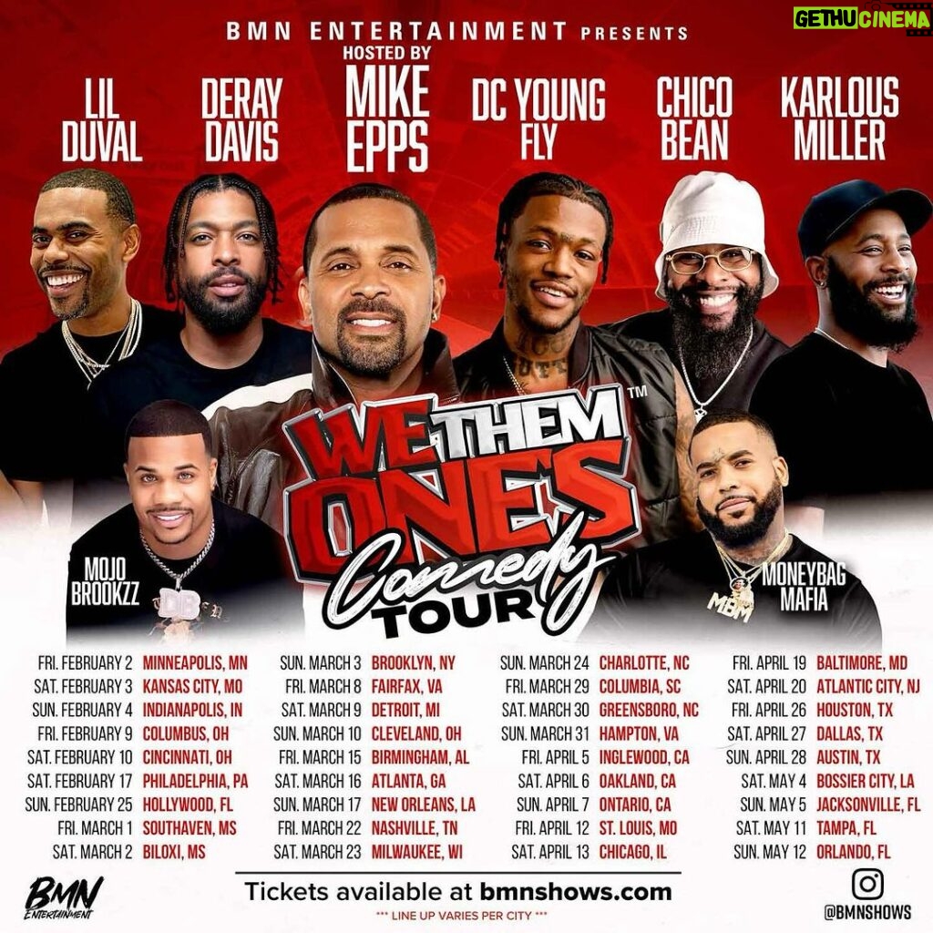 Mike Epps Instagram - Y'all better buckle up for the wildest comedy tour in the history of comedy tours, courtesy of BMN Entertainment! We're bringing you 'We Them One's Comedy Tour,' and it's all about that culture, baby! I'm your host, Mike Epps, and we've got a stellar lineup that'll keep you laughing all night. From Deray Davis to DC Young Fly, Chico Bean, Karlous Miller, Lil Duval, Mojo Brookzz, and the Money Bag Mafia, we're gonna rock the stage! Get those tickets starting Friday, Nov 3 at 10 am on www.bmnshows.com. Don't miss out, y'all!