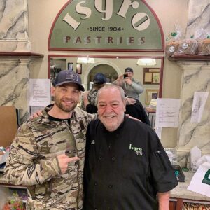 Mike Vogel Instagram - So, back up in Philly for the Eagles/Giants game tonight (go 🦅!). The big galoot taking the picture (in the mirror) is my buddy, former Eagles defensive lineman, @paulgrasmanis .  I decided to take Paul to one of the oldest Italian bakeries in Philly, @isgro_pastries .  We met Gus, the owner who we talked with for almost thirty minutes about the eagles and his experience making pastries for the pope, etc.  I miss and love this city so much! But more importantly, I told Gus how much we need a bakery like his in Nashville.  I would appreciate it if y’all would chime in and tell Gus that it’s time to open @isgro_pastries - Nashville! 😎. @philadelphiaeagles #gobirds🦅 #italia #eatmorepastries