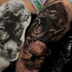 Miloš Petrášek Instagram - Prozdělaná nohavice s ministrem🤘 🦍🍉 @milos_petrasek Working with: @fkirons @stencilstuff @hustlebutterdeluxe @intenzetattooink @kwadron #tattoo #inked #inkedboy #tats #realistic #realistic_arts #realistictattoo #realisticink #realism #realismtattoo #blackandwhite #blackandgrey #blackandgreyink #drawing #draw #armtattoo #prague #sleevetattoo #gorila #mma #animal Ariink
