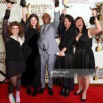 Mitra Jouhari Instagram - The Three Busy Debras writing staff won a WGA award tonight!!!!!! Our writers Evan Waite, Diana Tay, and Sarah Sherman made the show so much better every day and Sandy and Alyssa are my sick and perverted sisters for life. Every single person who worked on our crew elevated the jokes. I will simply shut up but what a sweet way to end our journey on this show. I love writing lol ❤️