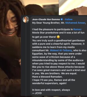 Mohamed Anwar Instagram - شكرا جدا علي كلام حضرتك ده انك وضحت قصدي وان الكلام كان عفوي ومقصدش بيه اي حاجه غير اني اعبر عن حبي ليك من طفولتي وكنت بحاول اجمع كل الانجليزي اللي اتعلمته من صغري عشان اعبرلك عن حبي ده 
لكني عمري مااقدر اني اقلل من الفن المصري ولا الفنانين المصريين ولو حد فهم ده فانا بعتذرله 
وانما الجمله طلعت بشكل عفوي مني كنت عاوز اوضحلك بس اني بحبك جدا بس ممكن يكون من التوتر قولت جمله ماينفعش تتقال بس كان قصدي اوصل بيها فرحتي وحبي ليك 
شكرا وهتفضل طول عمرك نجمي المفضل 
وياريت بقي حد يترجملك كلامي ده عشان لو كتبته بالانجليزي بتاعي هيطلع زي اللي طلع في الحلقه ومش هتفهم منه حاجه 
ياعم فانداااام thank you
@jcvd