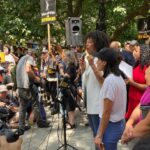 Monique Gabriela Curnen Instagram - We gathered to make our voices heard at NYC City Hall! So great to join forces with the lovely @dereknguyenwinsituation my brother from our sister union. 🖤❤️ NYC elected officials, @officialfrandrescher and @sagaftra @wgaeast showing what solidarity means #unionstrong #union #sagaftrastrong #wgastrong