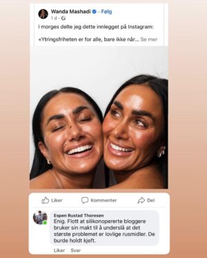 Morten Ramm Instagram - Jeg har ikke lest hva Wanda Mashadi har skrevet, men jeg ber på mine knær til vår kjære underholdningsgud i himmelrik, at uansett hvor gammal, bitter, sur og uenig jeg er i noe, så ikke led meg inn i fristelse til å kommentere saker på den måten Thoresen gjorde i dag. Ligger sikkert mer bak kommentaren, og sikkert mange gode argumenter, men jeg vil bare ikke havne der at jeg faktisk tror at det jeg skriver er helt kongekult, men så er det bare helt triggerhappy tastaturkriger på godt over 70. Tviler ikke på at Thoresen har gode argumenter i saken, men jeg vil bare ikke være en sånn som driver og kommenterer i kommentarfeltet til Siri Kristiansen, på et innlegg hun har delt, som er skrevet av Wanda Mashadi, så gjerne et vennlig tæp på skulderen om jeg en dag skulle ha lagt hjernen igjen på Woodstock før jeg setter meg ned på gutterommet og bretter opp ermene foran logitech-tastaturet. Om jeg skulle ende opp her, så hadde jeg satt pris på en vennlig reminder om «at nå, Morten, nå blir du oppfatta som et gammalt mehe her, så du bør kanskje ta en liten runde på Facebook-formuleringene dine, men ikke no stress, altså, det er bare greit for deg å vite at du virker like harry og tjukk i hue som alle de andre der ute nå, og skal ikke mase for mye om det, men om du er helt cool med det, så kjør på, men bare greit for deg å vite hvordan du blir oppfatta nå, om du vil at folk skal ta deg på alvor fremover liksom, men gjør hva du vil, altså, bare greit å si i fra, som en venn, liksom» eller noe sånt da. Det hadde jeg satt pris på.