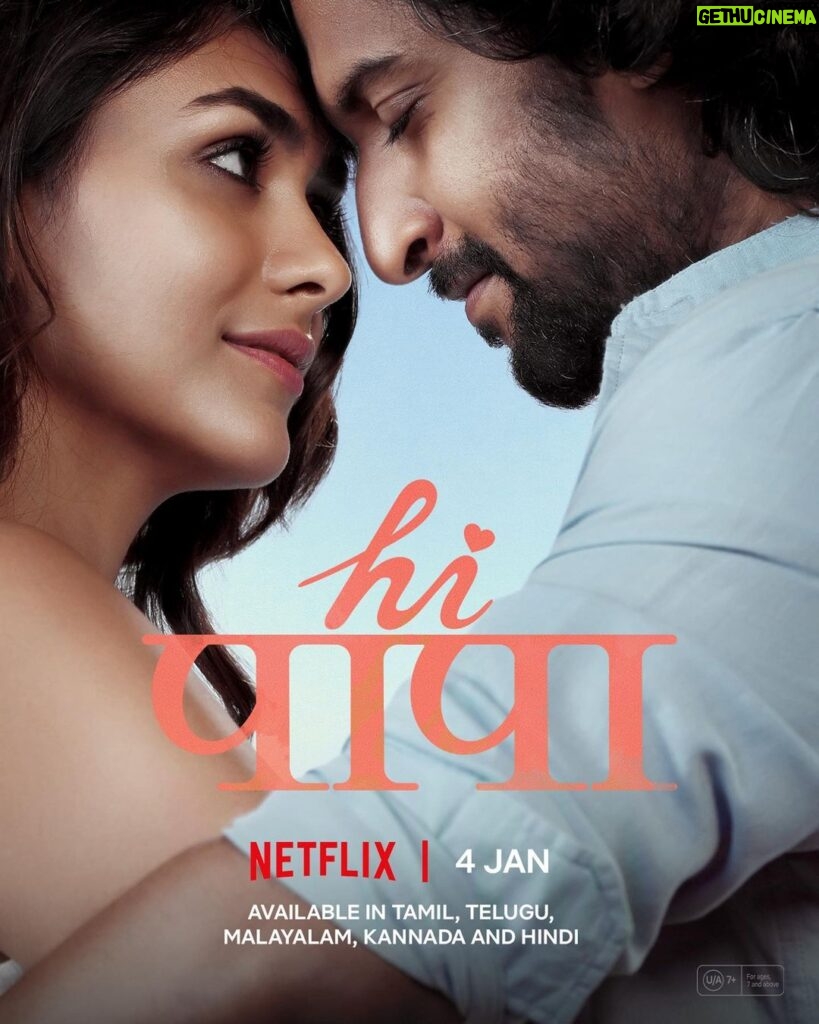 Mrunal Thakur Instagram - Love is in the air, and so is our excitement ❤🌟 Join @nameisnani and @mrunalthakur in their journey of finding love in Hi Nanna. Hi Nanna, streaming from 4th January in Telugu, Tamil, Malayalam, Kannada and Hindi on Netflix. 👨‍👩‍👧 #HiNannaOnNetflix
