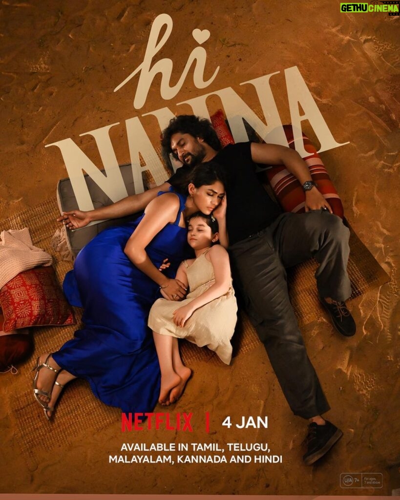 Mrunal Thakur Instagram - Love is in the air, and so is our excitement ❤🌟 Join @nameisnani and @mrunalthakur in their journey of finding love in Hi Nanna. Hi Nanna, streaming from 4th January in Telugu, Tamil, Malayalam, Kannada and Hindi on Netflix. 👨‍👩‍👧 #HiNannaOnNetflix