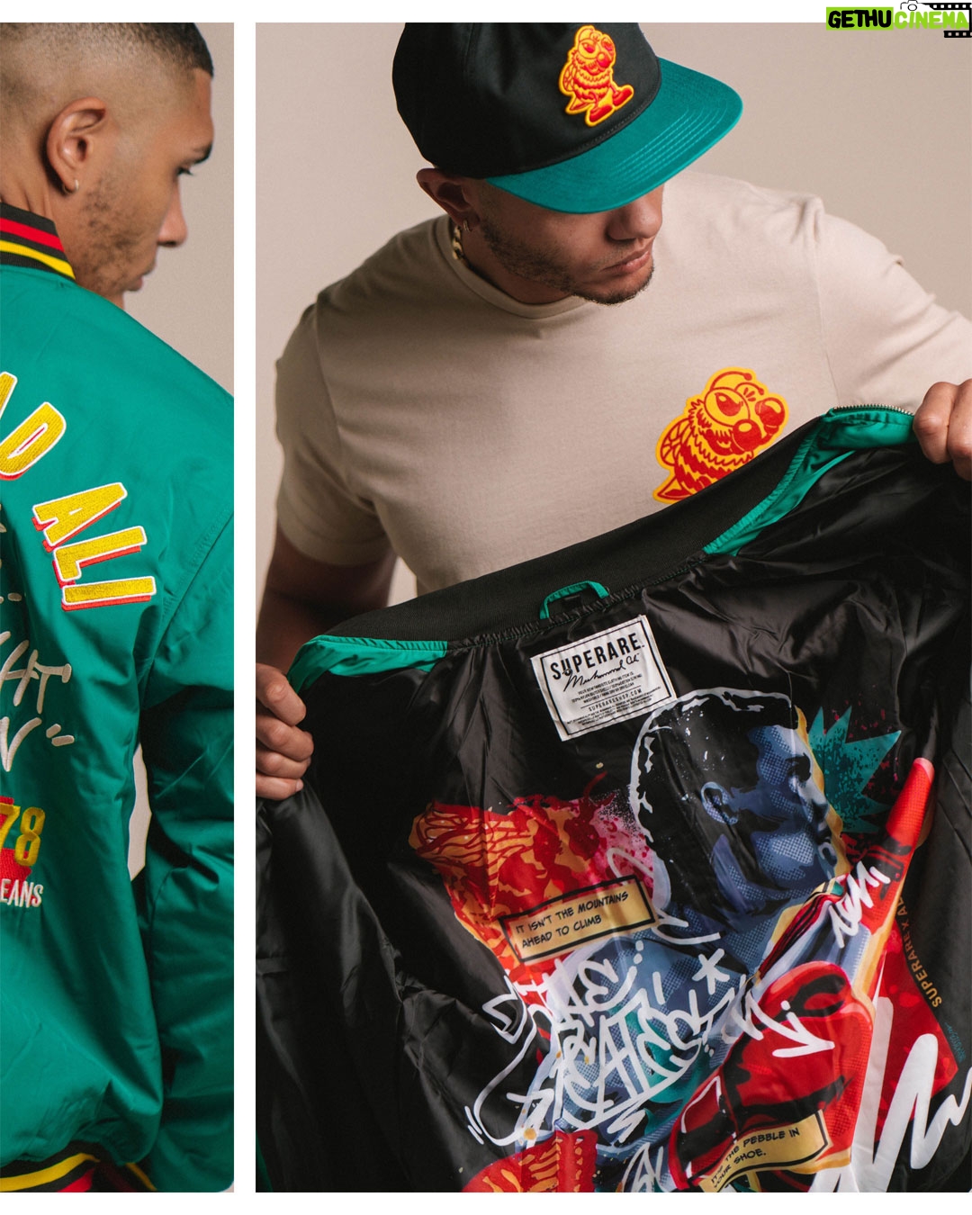 Muhammad Ali Instagram - JUST DROPPED 🦋🐝 @superareshop is back with a new Ali capsule featuring artist @jappyagoncillo! The collection features a limited edition jacket, tee, and hat and is available now on their site and at Superare locations. Link in story!