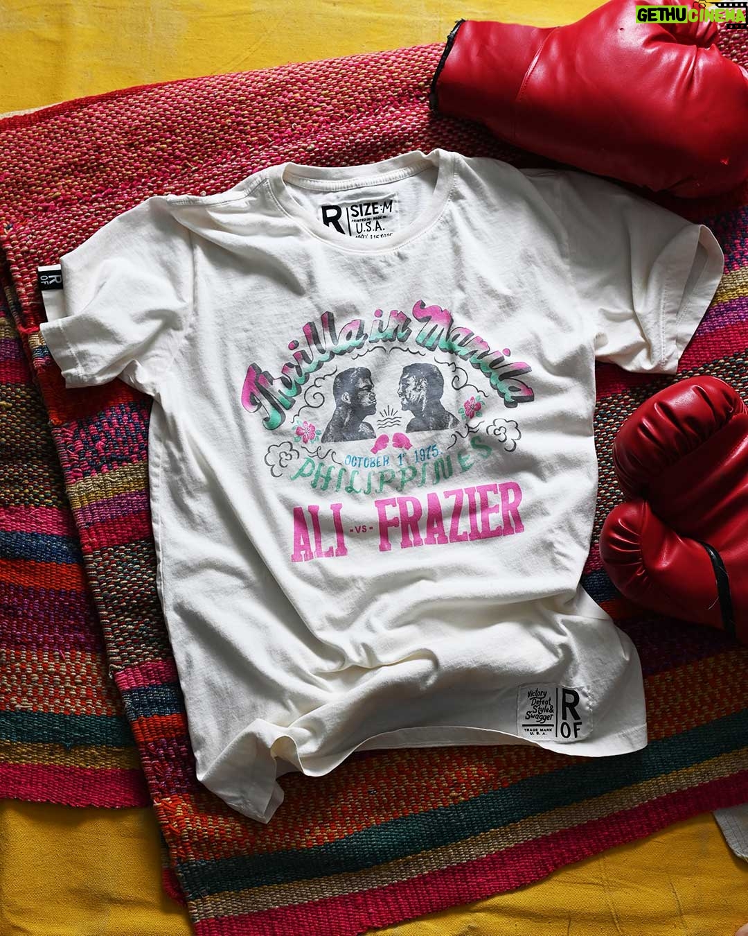 Muhammad Ali Instagram - The 'Thrilla In Manila' New Arrivals by @rootsoffight. Forty-eight years ago, on Oct. 1 1975, they clashed one last time in the Philippines. Muhammad Ali. Smokin’ Joe Frazier. The trilogy of all trilogies, known forever as the “Thrilla in Manila.” That singular crossroads lives on through the ages, not just because it was the rubber match that became a pivot point to establish the greatest of all time, or even because it’s become the gold standard by which every boxer compares himself, but because each dropped the other off at the doorstep of death. And each came out a legend. The @rootsoffight 2023 “Thrilla” collection celebrates boxing’s most electrifying bout of all time - available now. Link in story!