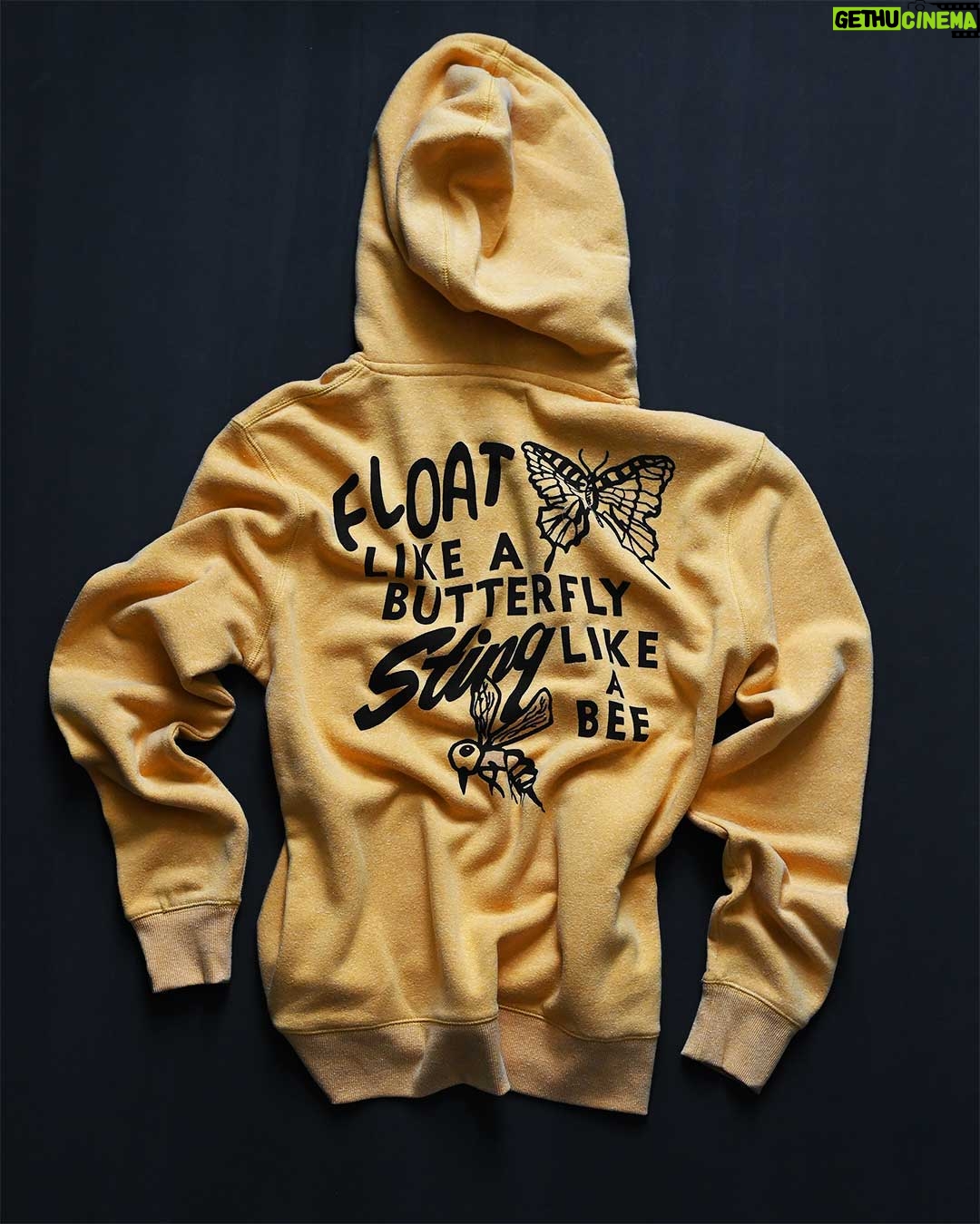 Muhammad Ali Instagram - “Float like a butterfly, sting like a bee.” New Arrival by @rootsoffight. The #rootsoffight vintage yellow “Float Like a Butterfly” hoody is now available, paying homage to the great Muhammad Ali - only at rootsoffight.com. #MuhammadAli #KnowYourRoots