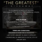 Muhammad Ali Instagram - GIVEAWAY CLOSED. Congratulations to @itzcam.6 __________________________ *GIVEAWAY ALERT* Celebrate the Birth of the Icon @muhammadali Win a pair of “The Greatest” Muhammad Ali x RUDIS Wrestling Shoes. HOW TO ENTER: 1. Follow @THE_RUDIS and @muhammadali 2. Like this post. 3. Tag 3 of your friends. Terms and Conditions: - Giveaway is open for U.S. residents. - Last Entry: January 18, 2024 (11:59PM EST) - 1 Winner will be announced on the 19th of January 2024. NOTE: Per Instagram Policy, this giveaway is not sponsored, administrated or endorsed by Instagram.