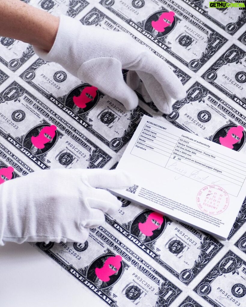 Nadezhda Tolokonnikova Instagram - CIRCA PRESENTS A LIMITED EDITION OF 51 HAND-SIGNED PRINTS BY NADYA TOLOKONNIKOVA (PUSSY RIOT) WITH PRINT 51/51 BEING GIVEN AWAY A woman has not been featured on US paper money in over 100 years since Martha Washington’s portrait was featured on the one silver dollar note in the 1880s and 90s. Stylistically, the vibrant work screen-printed in two layers on a silk screen press is an ode to Andy Warhol’s aptly named ‘200 One Dollar Bills‘, marking the first instance of Warhol’s use of the silk-screening method. In 2022, the essential 20th-century artist topped the auction world with a turnover total of $590 million, representing an art market dominated by males, as female artists represented just 2% of total sales that same year. Proceeds from this limited edition release will be shared between Art Riot Fund, which supports Pussy Riot’s unwavering commitment to fighting against patriarchal oppressive systems, and #CIRCAECONOMY @circa.art – a circular model that supports free public art and creates life-changing opportunities for the wider community. LINK IN BIO