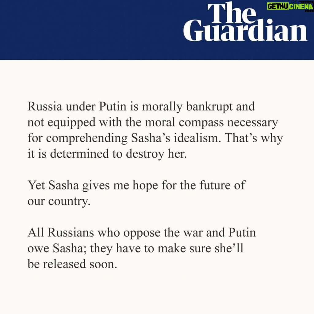 Nadezhda Tolokonnikova Instagram - As Russia arrests me in absentia today for "clear disrespect for society”, my op-ed on @skochilenko comes out in @guardian. Sasha is everything that I want my Russia to be. "I did not give in under the threat of captivity, pressure, persecution, an eight-year request from the prosecutor's office, I was not a hypocrite, I did not lie, I was honest to myself and to the court" - said Sasha. Sasha gives me hope for the future of Russia. Paying an insanely high personal price for it, Sasha shows the entire world that Russia isn't just Putin's orks. All Russians who oppose the war and Putin owe Sasha for this, and have to make sure she'll be released soon. FULL ARTICLE 👉 LINK IN PROFILE