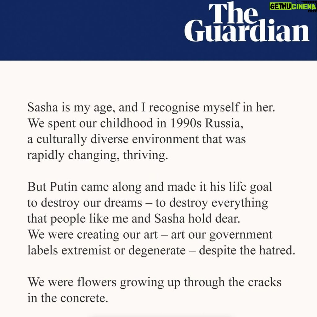 Nadezhda Tolokonnikova Instagram - As Russia arrests me in absentia today for "clear disrespect for society”, my op-ed on @skochilenko comes out in @guardian. Sasha is everything that I want my Russia to be. "I did not give in under the threat of captivity, pressure, persecution, an eight-year request from the prosecutor's office, I was not a hypocrite, I did not lie, I was honest to myself and to the court" - said Sasha. Sasha gives me hope for the future of Russia. Paying an insanely high personal price for it, Sasha shows the entire world that Russia isn't just Putin's orks. All Russians who oppose the war and Putin owe Sasha for this, and have to make sure she'll be released soon. FULL ARTICLE 👉 LINK IN PROFILE