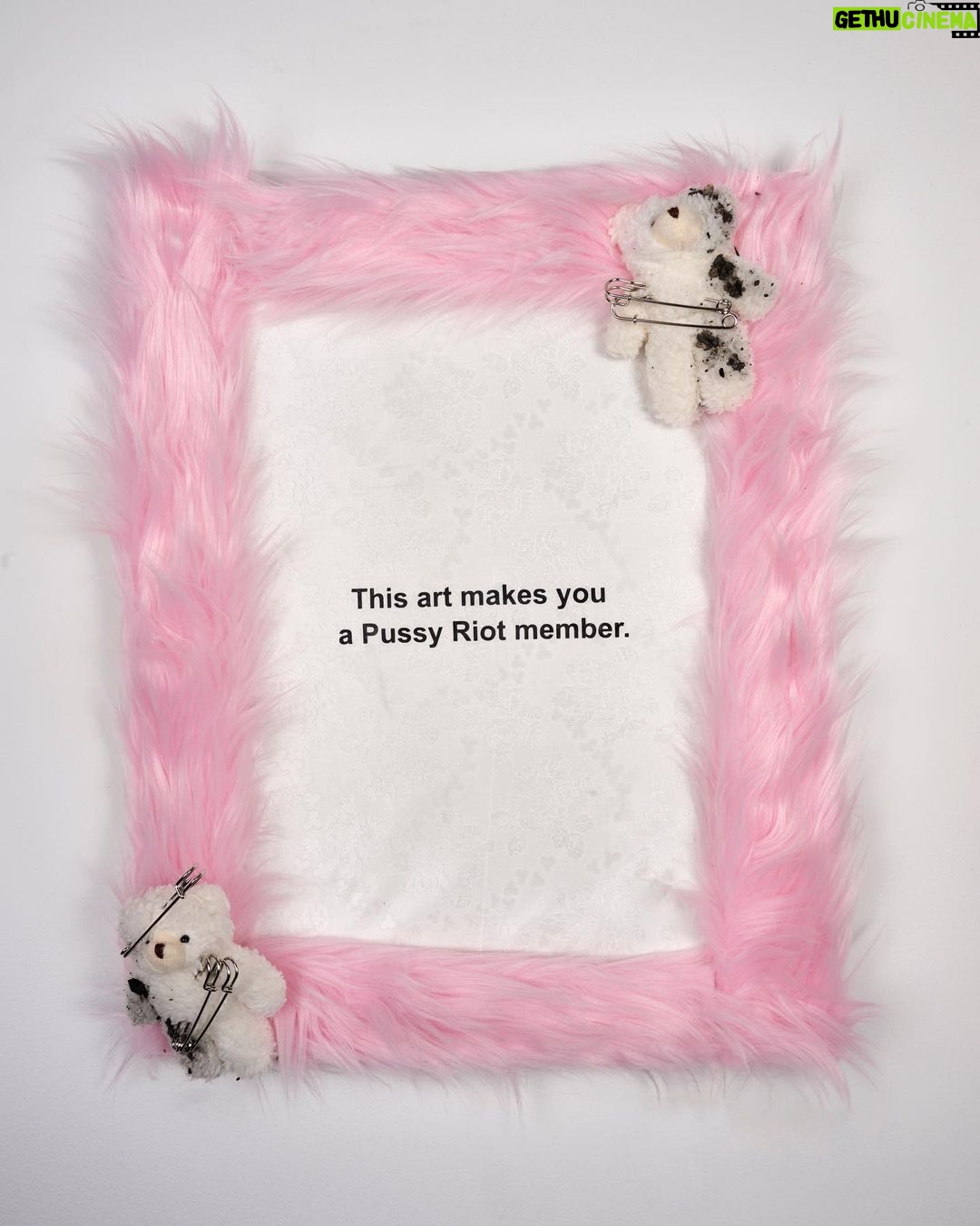 Nadezhda Tolokonnikova Instagram - This art is a hammer that shapes reality (series) π©Έπ¨ 2023 The text is printed on fabric. I use textile because traditionally it was labeled as low art/crafts, female work - and because I was forced to work with textile in my penal colony. The fabric is stapled to canvas, and pink and white fur is stapled to canvas as well. I use pins, needles, and parts of the sewing machine in this series, finally fulfilling my prison dreams about getting new sets of needles - now I'm a free person and can just order them online, it was a big pleasure ordering them! "We can't give you new needles and parts to fix your machine, did you forget where you are? You're in RUSSIA" - I was told in prison when I asked to fix my equipment. Splashes of acrylic paint on the fabric are reminiscent of my blood getting spilled on police and military uniforms that I was sewing in prison, injured by old and outdated equipment. For more solid red paint coverage - like in "This art screams in pain" piece - I used red spray paint, a tool that was widely used in my activist anarchist youth. Teddy bears are penetrated with needles like my fingers used to be when I was sewing in prison, teddy bears are covered in Putin's Ashes - I saved a bucket of ashes after the performance in August 2022 and now use it as art material. I combine cute and dangerous, playful and serious in this series, just like we did in our name, Pussy Riot. The harsh statements are combined with plush toys and faux fur π£π Once Marina Abramovic asked me why I like baby pink so much, she hates baby pink. I said that I want to look cute when cops are arresting me, I want them to look stupid. She said, ok, you're the only person I can accept wearing baby pink and hello kitty backpacks.