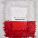 Nadezhda Tolokonnikova Instagram – This art is a hammer that shapes reality (series) 🩸🔨 2023

The text is printed on fabric. I use textile because traditionally it was labeled as low art/crafts, female work – and because I was forced to work with textile in my penal colony. The fabric is stapled to canvas, and pink and white fur is stapled to canvas as well. 

I use pins, needles, and parts of the sewing machine in this series, finally fulfilling my prison dreams about getting new sets of needles – now I’m a free person and can just order them online, it was a big pleasure ordering them! 

“We can’t give you new needles and parts to fix your machine, did you forget where you are? You’re in RUSSIA” – I was told in prison when I asked to fix my equipment. 

Splashes of acrylic paint on the fabric are reminiscent of my blood getting spilled on police and military uniforms that I was sewing in prison, injured by old and outdated equipment. 

For more solid red paint coverage – like in “This art screams in pain” piece – I used red spray paint, a tool that was widely used in my activist anarchist youth. 

Teddy bears are penetrated with needles like my fingers used to be when I was sewing in prison, teddy bears are covered in Putin’s Ashes – I saved a bucket of ashes after the performance in August 2022 and now use it as art material. 

I combine cute and dangerous, playful and serious in this series, just like we did in our name, Pussy Riot. The harsh statements are combined with plush toys and faux fur 💣🐁 Once Marina Abramovic asked me why I like baby pink so much, she hates baby pink. I said that I want to look cute when cops are arresting me, I want them to look stupid. She said, ok, you’re the only person I can accept wearing baby pink and hello kitty backpacks.