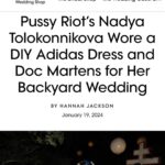 Nadezhda Tolokonnikova Instagram - 💍🔪🫀 american boy уеду с тобой @voguemagazine 📝: Sewing used to be a source of trauma for Pussy Riot’s Nadya Tolokonnikova, who was forced to stitch military and police uniforms while in a Russian penal colony. But she decided to reclaim the activity when she sewed Adidas stripes onto her now-husband John Caldwell’s suit jacket, for their wedding on 12 January. “Now I feel like I can sew again without being necessarily connected to the traumatic experience,” she says. “It broke the chain of trauma.” She wanted to create contrast between the “cute” side of her personality with the “gopnik” side. Tolokonnikova, who is vegan, juxtaposed her sweet look with an oversized black faux-leather Adidas jacket. She also wore a pair of velvet Doc Martens, though she changed into slides from—you guessed it—Adidas during the party. Tolokonnikova also included the Orthodox cross in her ceremony: on a necklace, garter belt, and even the vegan Napoleon cake covered in black icing, which she baked herself. “I’m almost trying to steal [the symbol] from the Orthodox Christianity, honestly, because they stole two years of my life,” she says. “I was accused—besides going against Putin—of religious hatred, which I didn’t have. But they still accused me of it. So I was like, Well, I’m just going to be using your symbol and reclaim it as my own.” She and Caldwell were married by Father Nathan Monk, who was excommunicated from the Russian Orthodox church for his support of the LGBTQ+ community, underneath a giant neon Orthodox cross. Photos: @marysergeevnaa Husbando: @vegsurfer Text: @hannahjacksuhn