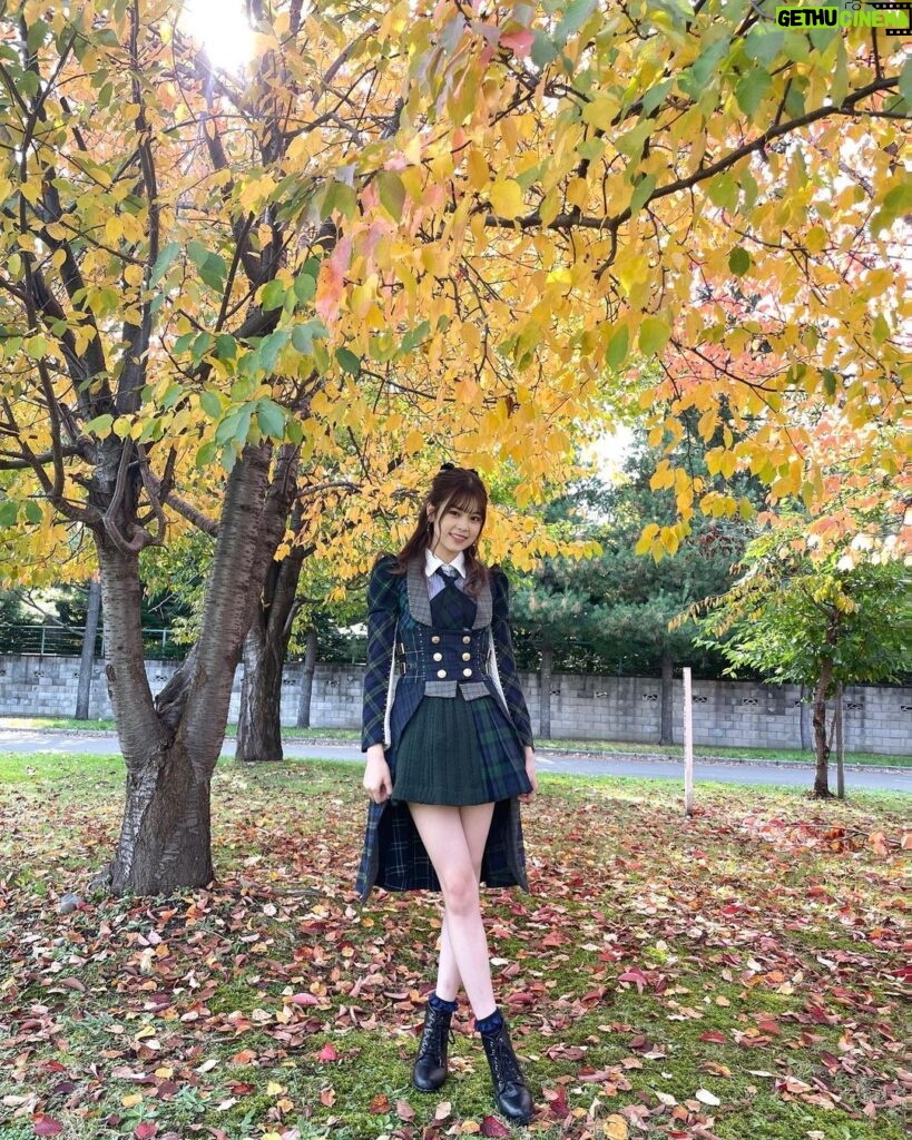 Nanase Yoshikawa Instagram - 紅葉の季節🍁🍁 北海道の空気は本当に美味しいです！ AKB48の衣装はどれも可愛いけど、特にチェック系の衣装は大好き🧚🏻‍♂️可愛すぎ！ Photo byせりか💕写真のバランス良すぎてお気に入りの写真です😌