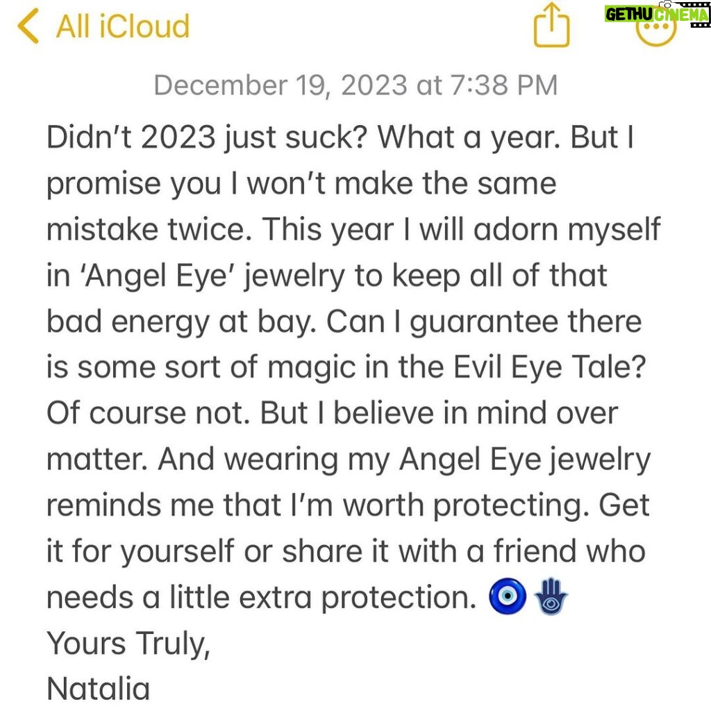 Natalia Fedner Instagram - Didn’t 2023 just suck? What a year. But I promise you I won’t make the same mistake twice. This year I will adorn myself in ‘Angel Eye’ jewelry to keep all of that bad energy at bay. Can I guarantee there is some sort of magic in the Evil Eye Tale? Of course not. But I believe in mind over matter. And wearing my Angel Eye jewelry reminds me that I’m worth protecting. Get it for yourself or share it with a friend who needs a little extra protection. 🧿🪬 Yours Truly, Natalia This bracelet is made from ultra durable 14k Gold Fill Italian chain with a dainty Cubic Zirconia Eye Amulet #evileye #angeleye #14kgoldfilled #italianchain #amulet #talisman #kabbalah #🧿 #🪬