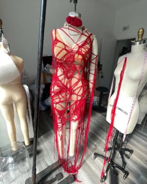 Natalia Fedner Instagram - She’s just so pretty 😍 

@zerinaakers provided amazing creative direction on this fun project. She directed me to design and make a dress that looked like “capillaries and veins”. Since I love knitting and working with ribbons, I suggested using chiffon. I took deadstock silk chiffon, cut it into continuous ribbons, and knit those ribbons into panels. The panels were sewn together to create the illusion of “a capillary network”. And of course, @theestallion brought the very sustainable dress to life in a spectacular way.

#sustainability #sustainablefashion #knitting #knitdress #reddress #megantheestallion #HISS #zerinaakers