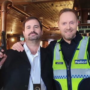 Nathan Hill Instagram - Bookend shoot today with the great Cam McC! From my first feature film to the latest, it’s been one hell of a ride with this beautiful man. Thanks for the moustache! 
#scam #radiosamurai #bitterdesire #featurefilm #shoot #actor #writer #producer #director #collaboration #monsterfest #bountyfilms #adlerandassociates #sector5 #themotleybauhaus #guns #police #detective