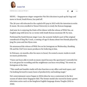 Nathaniel Ho Instagram - Thank you Joanne from @straits_times for kindly covering this, it was a nice surprise!

Thank you again to @jessica.yoowonoh and team, as well as all the wonderful people I’ve met (and yet to meet) on this music journey! You guys inspire me so much ❤️

Thank you also to @iconcollective for giving me a great foundation in songwriting and music production. The learning journey continues!

I will continue to work hard and let’s make more magic together! ✨

Full article:
https://www.straitstimes.com/life/entertainment/singaporean-singer-songwriter-nat-ho-gets-his-k-music-break