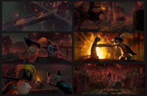 Naveen Selvanathan Instagram - Lighting keys for the chase sequence. I was happy with how much drama we could bring with color even in a comedic sequence .
.
.
.
#pussinboots #illust #catsofinstagram #actionshot #naveenselvan #dreamworksanimation