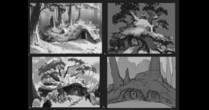 Naveen Selvanathan Instagram - Here is the exterior of the bear cottage painting  and some rough idea sketches. I took inspiration from the beautiful initial designs done by @ianmcque. The last image is the family portrait hanging in the living room 
.
.
.
#pussinboots #cottagecore #cottagecoreaesthetic #forestdwelling #winterwonderland #instaartist #naveenselvan