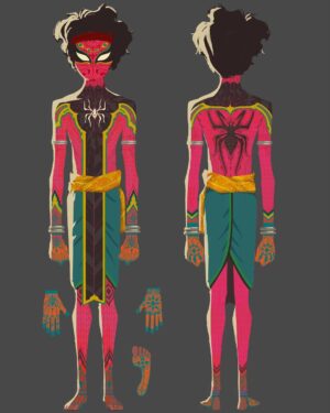 Naveen Selvanathan Instagram - For the next round of Pavitr suit design, we decided to go in the pink direction. I tried to give him some intricate secondary details inspired by mehandi designs and temple bas relief motifs. @spiderversemovie #pavitrprabhakar #indianspiderman