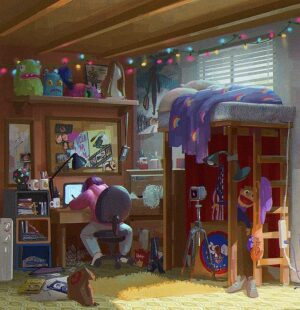 Naveen Selvanathan Instagram - Katie’s room- another painting from “The Mitchells vs the Machines” based on the layout by production designer @lindseyolivares . The movie is available on Netflix now!