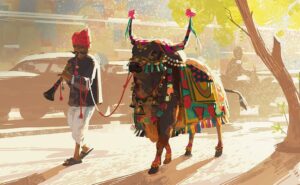 Naveen Selvanathan Instagram - This good fortune Ox visits the houses in my home town and wishes us well once a year. When the fortune teller asks “is this house going to prosper this year?” The ox will nod in agreement. It’s called the “boom boom Ox”. Wonder how it felt about 2020...
.
.
.
#fortuneteller #artistsoninstagram #illustrationartists #instagood #incredibleindia #ox #naveenselvan
