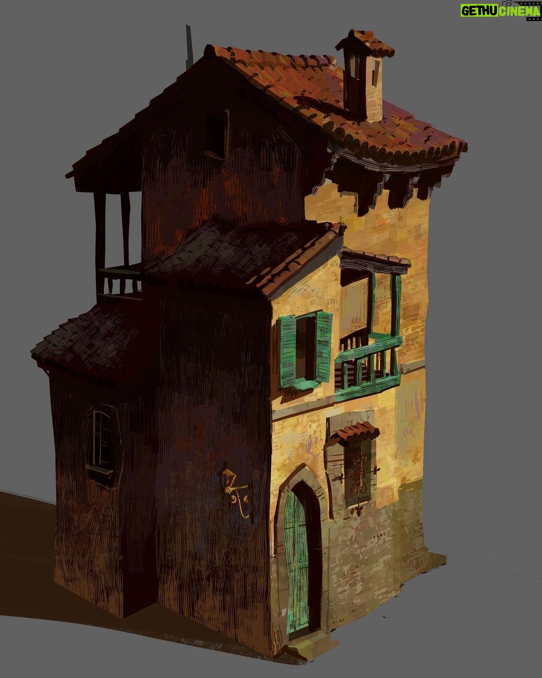 Naveen Selvanathan - 9.4K Likes - Couple of texture explorations for buildings designed by @mmateumestre . I was trying to get an impressionistic, lost and found quality with the textures while also playing with hatching in the shadows.
.
.
#pussinbootsthelastwish #pussinboots #animationart
