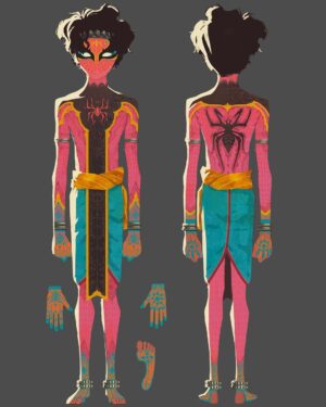 Naveen Selvanathan Instagram - For the next round of Pavitr suit design, we decided to go in the pink direction. I tried to give him some intricate secondary details inspired by mehandi designs and temple bas relief motifs. @spiderversemovie #pavitrprabhakar #indianspiderman