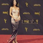 Necar Zadegan Instagram – Honored to present at #emmys2019 #creativeartsemmys 
Style @lisemora dress: @vitorzerbinato purse:@dior 
shoe: @schutz ring: @kircollection earrings: my own💙 Los Angeles, California