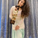 Neeharika Roy Instagram - Adding another feather to my cap of achievements! 🏆🧿 Loved this Patiyala Suit, made and gifted by @abu_bakar_1303 💚🤗 #neeharikaroy #mostpopularactress #television #iiia #iiiawards