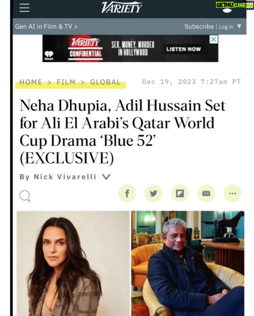 Neha Dhupia Instagram - CANT KEEP CALM … WONT KEEP CALM … crossing cinematic borders !!! 🎥 ❤ @variety @alyelarabi #blue52 … https://variety.com/2023/film/global/neha-dhupia-adil-hussain-ali-el-arabi-blue-52-qatar-world-cup-1235845712/
