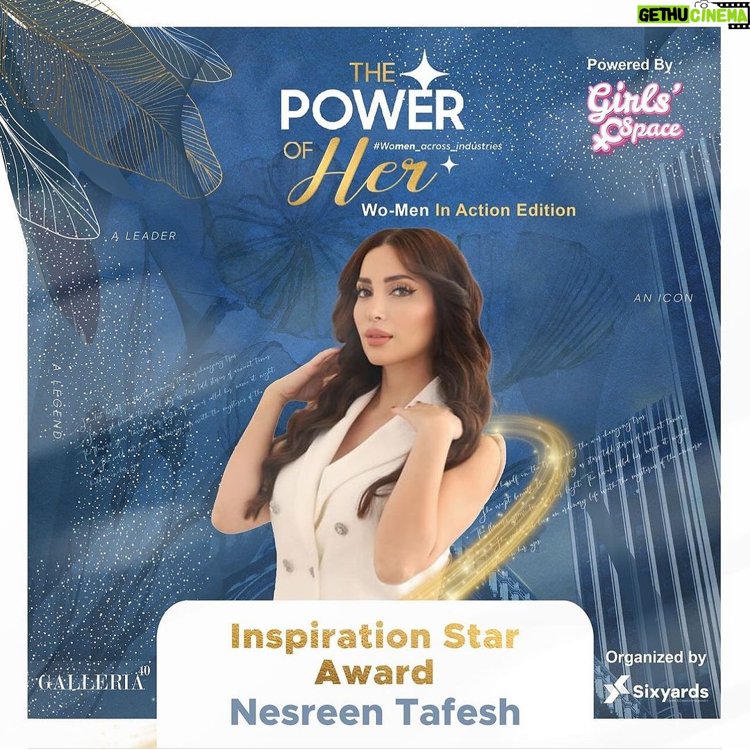 Nesreen Tafesh Instagram - سعيدة بتكريمي اليوم من منصة جيرلز سبايس المعنية بتمكين المرأة ، كأكثر فنانة ملهمة ، هاد الشي بيخليني استمر مش بس بنجاحي الفني و المهني بل كمان بمشاركة اسلوب حياتي معكم متل المعلومات الصحية نفسيا عقليا و جسديا و التشجيع على الرياضات الي بحبها و الهوايات الي بتخليني عبر عن حبي لذاتي ، حب الذات يللي بخلينا نحب الآخرين و ندعم القضايا الإنسانية و أهمها القضية الفلسطينية 🕊️ خلونا نتذكر انو من سمات الشخص الناجح انو مشغول في تطوير نفسو و بيفرح لنجاح الآخرين لانو ثقتو بذاتو بلا حدود ، خلونا نذكر بعض و نلهم بعض دايما انو نكون النسخة الأفضل من أنفسنا كل يوم مهما كانت الظروف 💗🥰🙏🏻 @girlzspace_ @galleria40