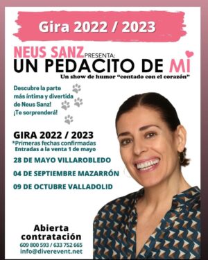 Neus Sanz Instagram - TAN FELIZ💕
.
La vida me ha regalado un equipo humano y profesional: @diverevent.
.
Un pedacito de mí, son pequeñas historias contadas con el corazón.
.
Gracias a todos los lugares y teatros que nos tienden la mano. Gracias de corazón.
.
Nos vamos de gira‼️
Nos vamos a repartir risas y abrazos‼️
.
#unpedacitodemi 
#graciasvida 
#seanfelices 
#neussanz 
#assaiassai