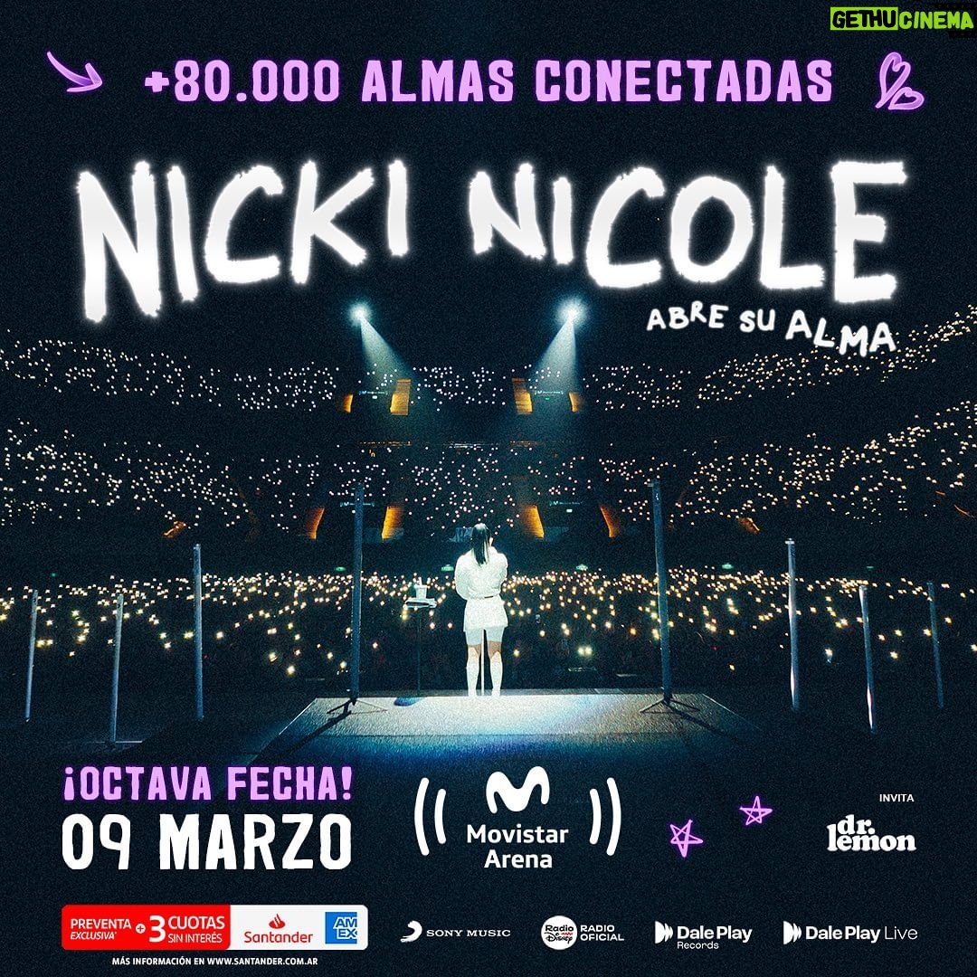 Nicki Nicole Instagram - En este octavo show, siento la necesidad de expresarles mi emoción y que me llegó como nunca nuestra conexión. Cada uno de ustedes fue mi inspiración en estas 7 arenas, estoy agradecida por su constante apoyo, por transformar estos shows en experiencias llenas de significado para mi. Nunca lo voy a olvidar… 80.000 ALMAS no es solo un número, es un recordatorio del vínculo especial que nos une hoy y para siempre 🖤 Gracias! LOS AMOOOO Nos vemos el 9 de marzo❤️🔥🇦🇷 🗓️ 09/03/24 🏟️ Movistar Arena 🎫 Preventa exclusiva SANTANDER AMEX MARTES 28/11 13HS con 3 CUOTAS SIN INTERES 🎫 Venta general con todos los medios de pago habilitados MIERCOLES 29/11 13HS