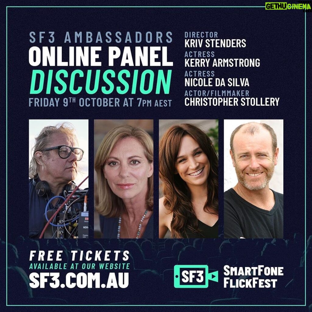 Nicole da Silva Instagram - Friday Night Plans include... 🎥 Repost @sf3fest “SF3 2020 opens next Friday night with a FREE online panel discussion with our 4 incredible ambassadors. Join @krivstenders , Kerry Armstrong, @cstolls & @thenicoledasilva as they discuss their careers, filmmaking, acting and all things in between. The panel concludes with an audience Q&A. Reserve your place now for Friday 9th October at 7pm AEST via link in bio. . . . . . . . #sf3 #sf32020 #smartfoneflickfest #filmfestival #smartphonefilmfestival #smartphonefilm #smartphonefilmmaker #director #film #filmmaker #cellphonefilm #shotoniphone #iphonefilm #samsungfilm #huwaweifilm #cinematography #screenwriting #actor #actress #filmmaking #covid #iso #lockdown #quarantine #krivstenders #nicoledasilva #kerryarmstrong #christopherstollery #filmschool